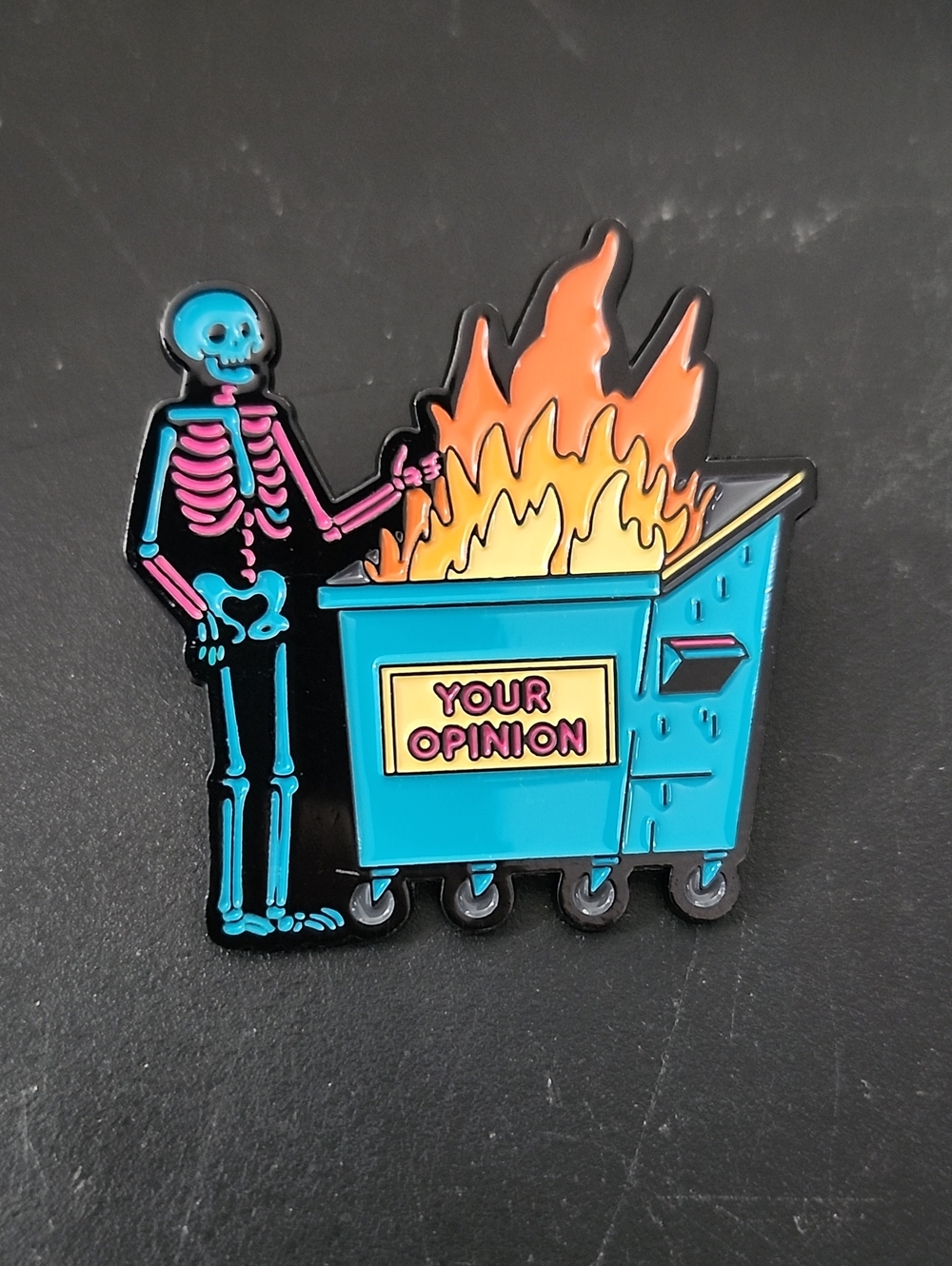 Neon Skeleton & Flaming Dumpster Enamel Pin - Teal, Pink, Orange